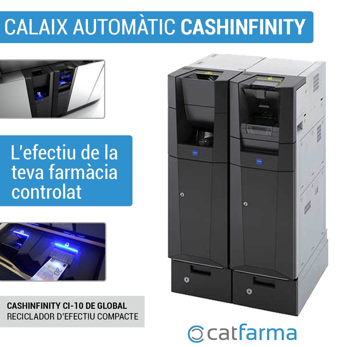 Catfarma's tweet photo. Estàs pensant en instal.lar un #calaixautomàtic? Tingues en compte que no tots són iguals! Desde Catfarma hem sel.leccionat un sistema de qualitat i confiança per recomanar als nostres clients: #Cashinfinity la solució per gestionar l'efectiu d la teva #farmàcia #cajónautomático https://t.co/U47jmnDdhj