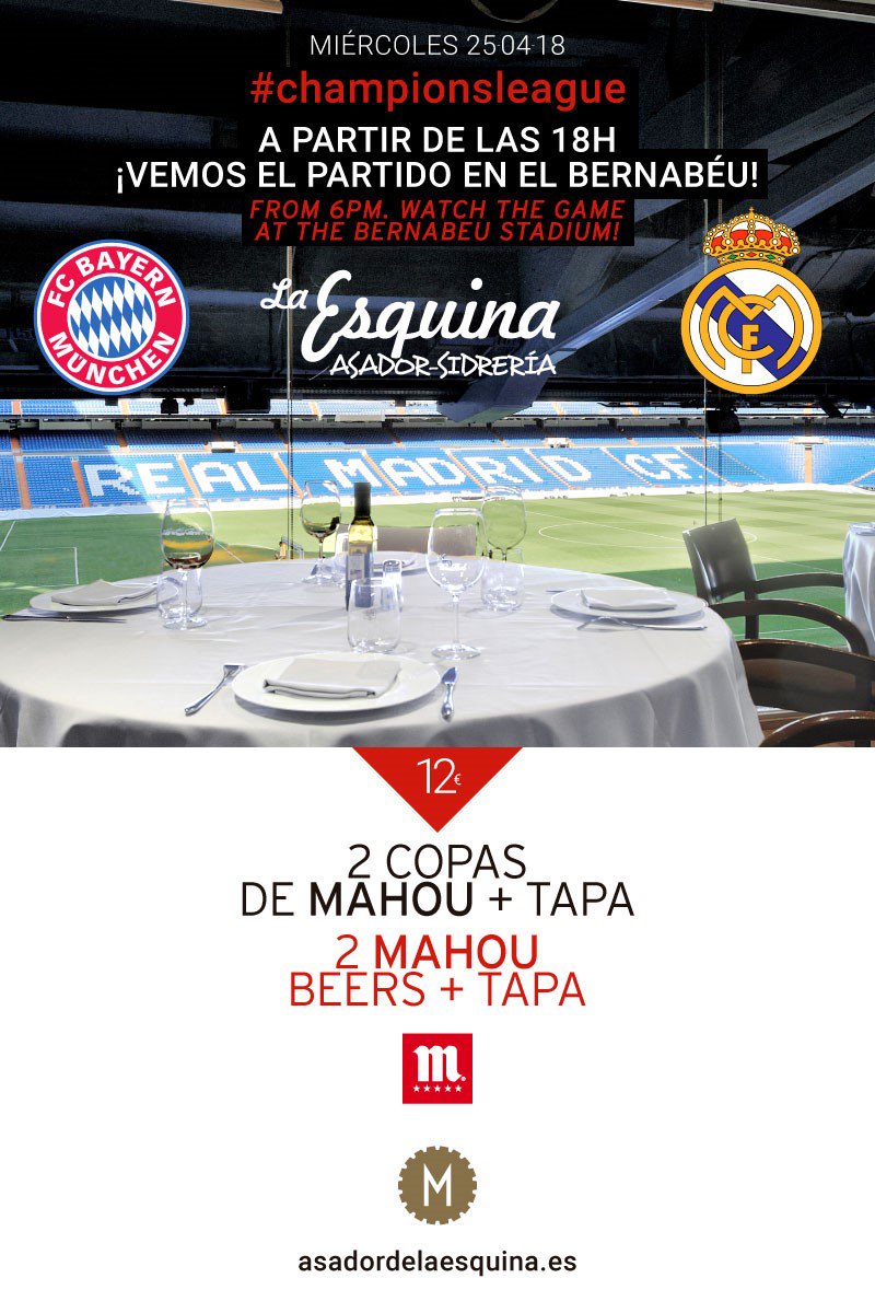 Hoy vemos el partido en casa!!! #planazo Mahou+tapa en el Bernabéu! #YosoyLaMaquina #laesquina #puerta46