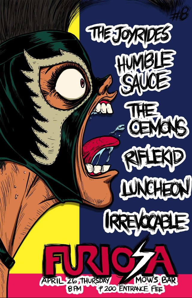 thejoyridesph's tweet photo. Finally have the chance to play with these awesome bands! Furiosa Ocho happening THIS THURSDAY! Drop by at Mow's and lez hang! XD

Feat: 
Humble Sauce
The Joyrides
Irrevocable
Riflekid
The Oemons
Luncheon

(Awesome art work by Mark Kenneth Bambico) #furiosaocho #thejoyrides https://t.co/u6CxSNwYaj