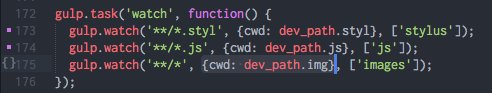 nosplendorr's tweet image. #webdev trick i just learned in #gulpjs: the first watch task (the way i learned) doesn't recognize new or deleted files in the directory. moving the source to {cwd: source} in the second example will apply to new files! very useful as you add new components and images!
