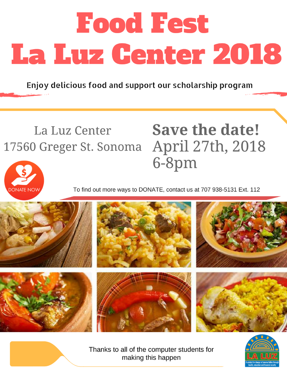 LaLuzCenter's tweet photo. Come and enjoy some delicious food prepared by our computer students this FRIDAY at 6pm. Funds will go towards scholarships for High School seniors. #Sonoma #LaLuz #scholarships https://t.co/JDEDDc0AcX