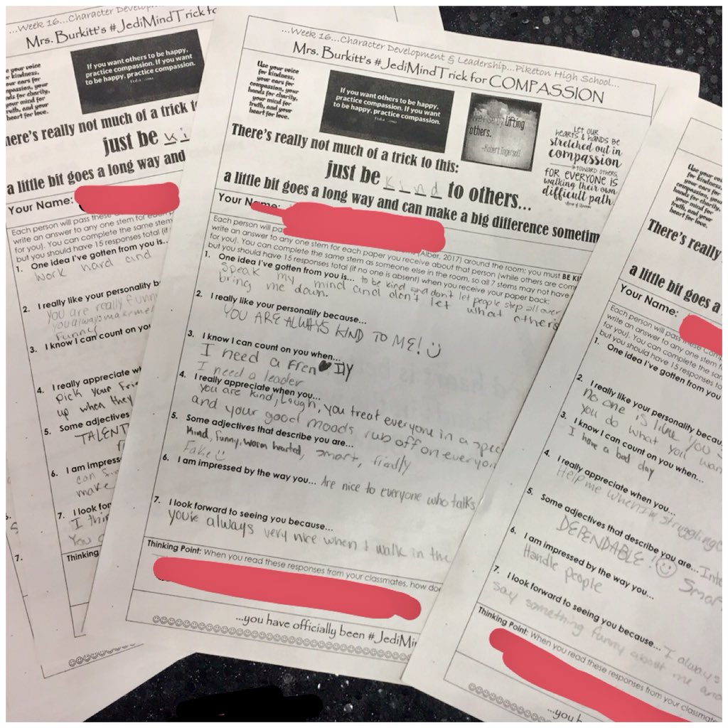 MrsABurkitt's tweet photo. I loved these Compassion Sentence Stems (Alber, 2017), buuuuut quoting Forrest Gump “ya never know what you’re gonna get” when you allow high schoolers to write anonymous comments to their peers😬. I was VERY PLEASED with these results❤️ #cdlphs #PiketonPride https://t.co/fI4djB7y1G
