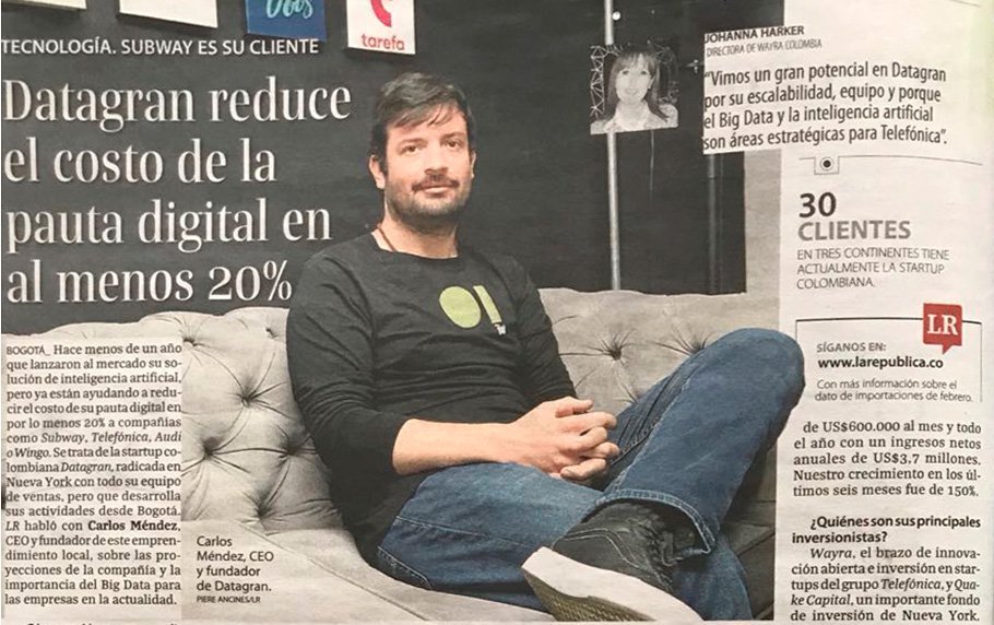 DataGran's tweet photo. Grateful to be mentioned in @larepublica_co. Thanks to the startup community for supporting us on this journey. Learn more at: https://t.co/VLTGpt8HJQ #Datagran  #BigdataCo #ArtificialIntelligence #DigitalMarketing #EMBData2018 https://t.co/6Nxipq6W5v