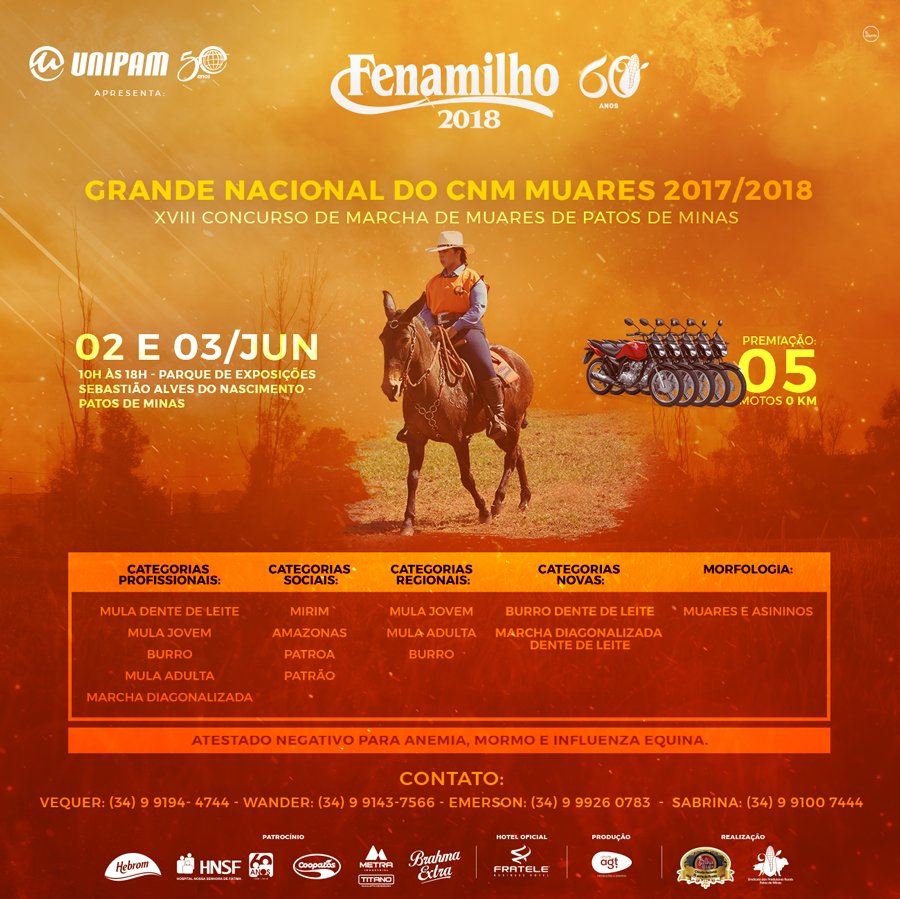 fenamilho's tweet photo. A #Fenamilho2018 vai receber a Grande Nacional do CNM Muares 2017/2018, que terá 05 motos 0 km como premiações. O concurso vai acontecer nos dias 02 e 03 de junho no Parque de Exposições. #CNMmuares #Muares #Fenamilho2018 #Fenamilho60anos #FazParteDaSuaHistória https://t.co/5m6xtMsFyI