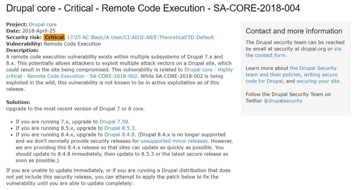 MalwareJake's tweet photo. If you have Drupal, patch now. Today. Right now. If you don't, plan an incident response. This is a NEW RCE patch released today.
https://t.co/RbJEHJ9OaU https://t.co/SvloI7Hvw7