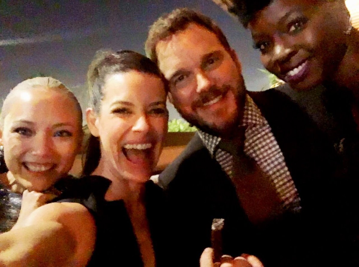 DanaiGurira's tweet photo. Guardians, Wakandans, the Wasp, and more. Had an amazing time celebrating @Avengers: #InfinityWar with the #MCU fam. We hit theaters in two days!

#pomklementieff #evangelinelilly #chrispratt #angelabassett #winstonduke #sebastianstan #laurencefishburne https://t.co/0xAaBwLmmV