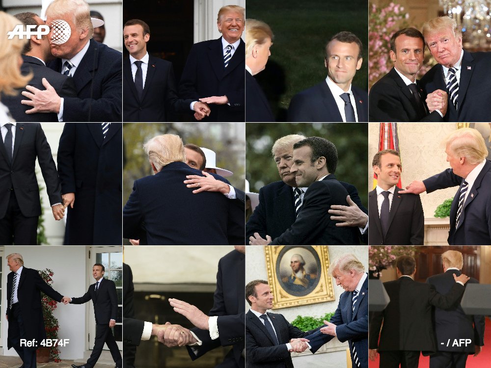 afpfr's tweet photo. Souvent tactile avec ses hôtes, @EmmanuelMacron s'est fait largement dépasser par les gestes d'affection enthousiastes -et parfois embarrassants- de son homologue @realDonaldTrump 
➡️ Le déplacement de Macron à Washington, par @lbenhamou #AFP https://t.co/GOqZl0yhu8 #AFP https://t.co/4ZT6RpBOsT