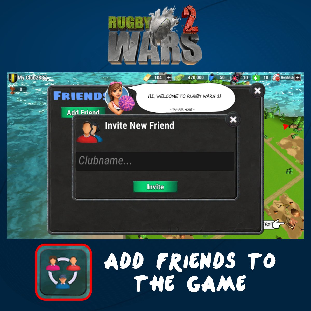 RugbyWarsGame's tweet photo. If it’s getting a little lonely on the #RugbyWars field, get your friends to join you. It’s super quick and super easy to add friends to the game and expand your competition. https://t.co/kTBW2hs9ZH https://t.co/2XIRypMQvq