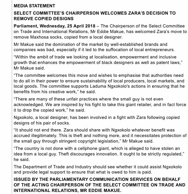 AndiMakinana's tweet photo. The Select Committee on Trade and International Relations says it's not enough for Zara to remove the "MaXhosa socks", they should share whatever benefits from the "socks" with Laduma Ngxokolo. They also want the DTI to see whether it could assist Ngxokolo with legal support. https://t.co/X3R1Frmh4q