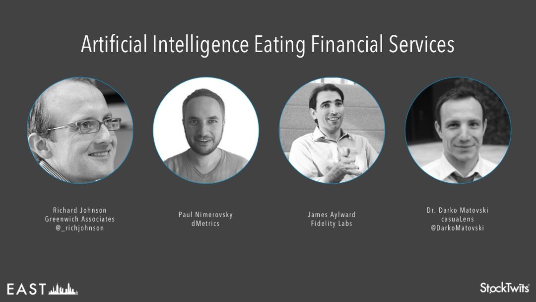 Stocktwits's tweet photo. LIVE NOW: What's going on with AI in the financial service space? See what @_richjohnson, @DarkoMatovski, James Aylward of @fidelitylabs and Paul Nimerovsky of @dMetrics_ have to say on the live stream: https://t.co/9JJig5o9tQ #stocktwits https://t.co/hnQwUtdBSp