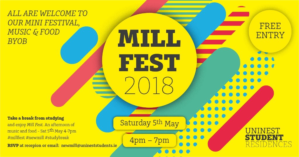 UninestIreland's tweet image. Join us at New Mill for a day of fun and relaxation from your exams! 

Uninest presents: Mill Fest!
Saturday the 5th of May from 4pm-7pm
Food, Music and chance to take a break from your exams! 
#NewMill #MillFest #StudentLife #ComeLiveWithUs