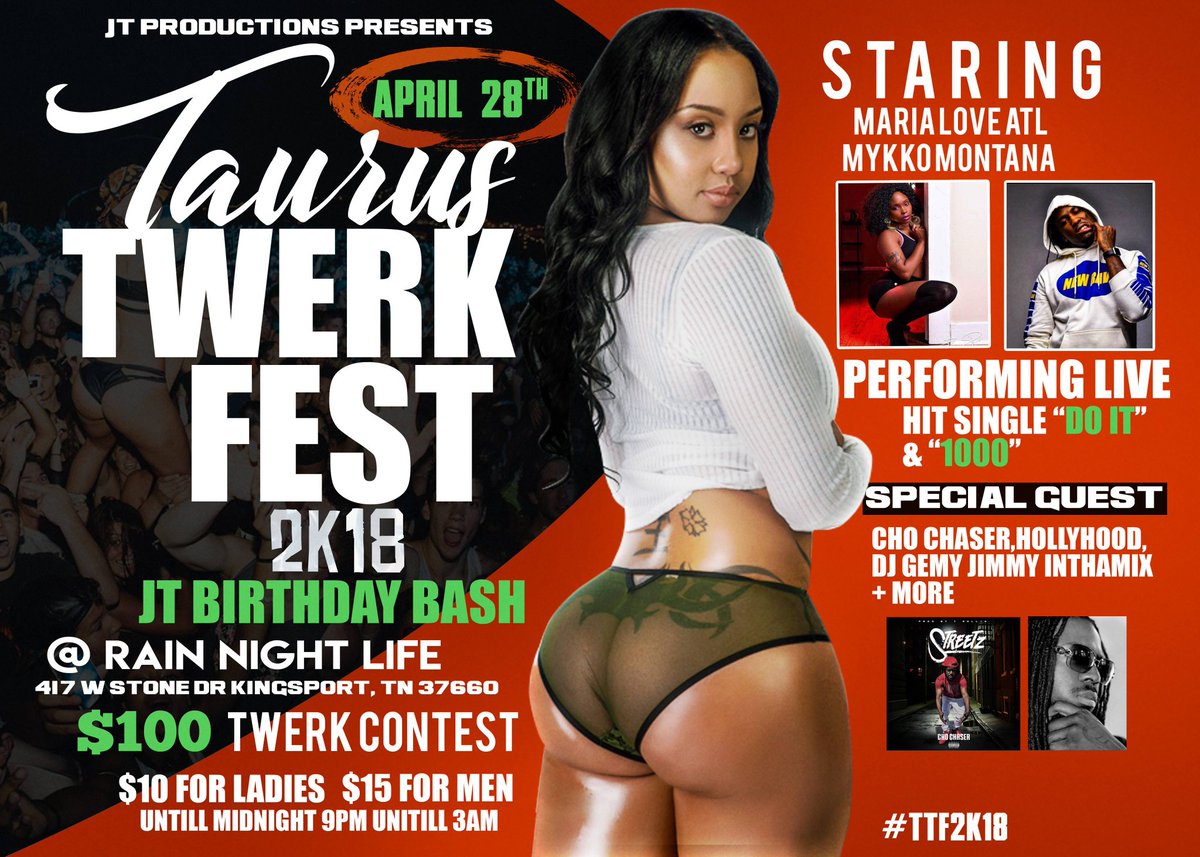 ChoGettaMuzik's tweet photo. Taurus Twerk Fest 2K18
@ Rain Night Life
((417 W Stone Dr Kingsport, Tn 37660))
- Staring #MariaLoveATL
- #MykkoMontana Performing Live
-$100 Twerk Contest
- Special Guest
#ChoChaser #Hollyhood313
#DjGemyJimmyInthamix
#TTF2K18 https://t.co/tMlKBYu1ea