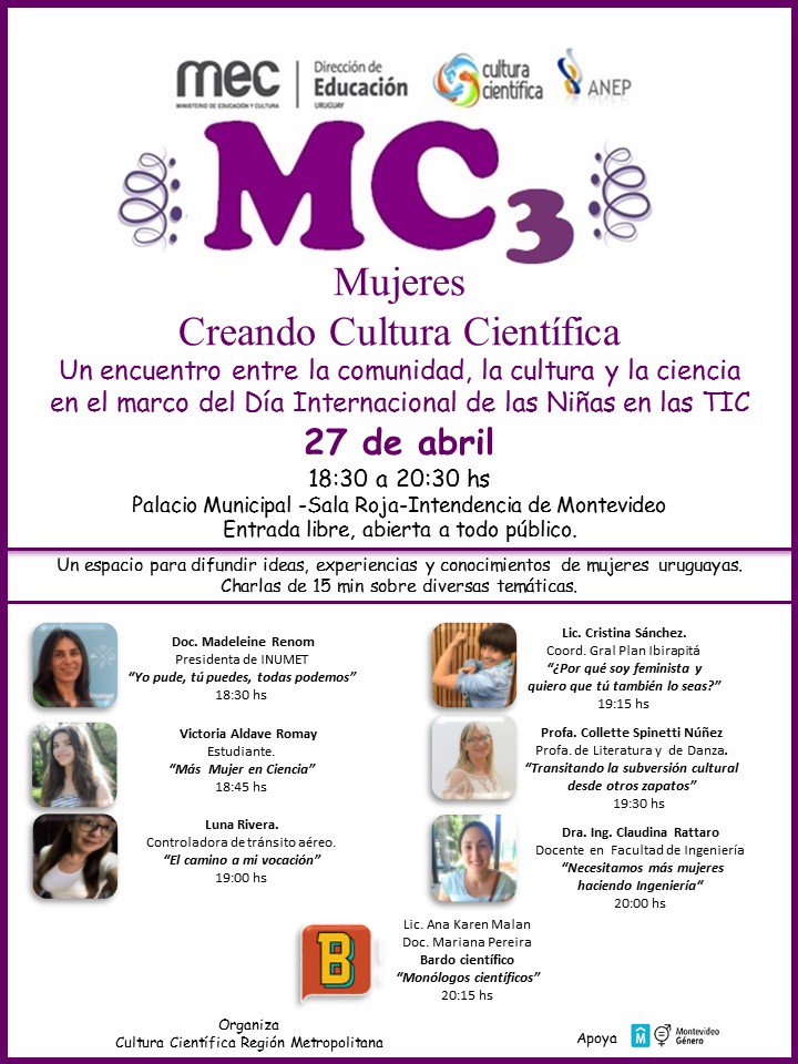 fisicamartin's tweet photo. DÍA INTERNACIONAL DE LAS NIÑAS EN LAS TIC
M3 Mujeres Creando Cultura Científica
26 y 27 de abril actividades diversas
Facultad de Ingeniería @montevideoIM @inju_uy @mec_educacion @ClubesdeCiencia @ANEP_Uruguay @BardoCientifico @inmujeres_uy @midesuy @MIEM_Uruguay @girlsintech_uy https://t.co/7UKXGFylvf