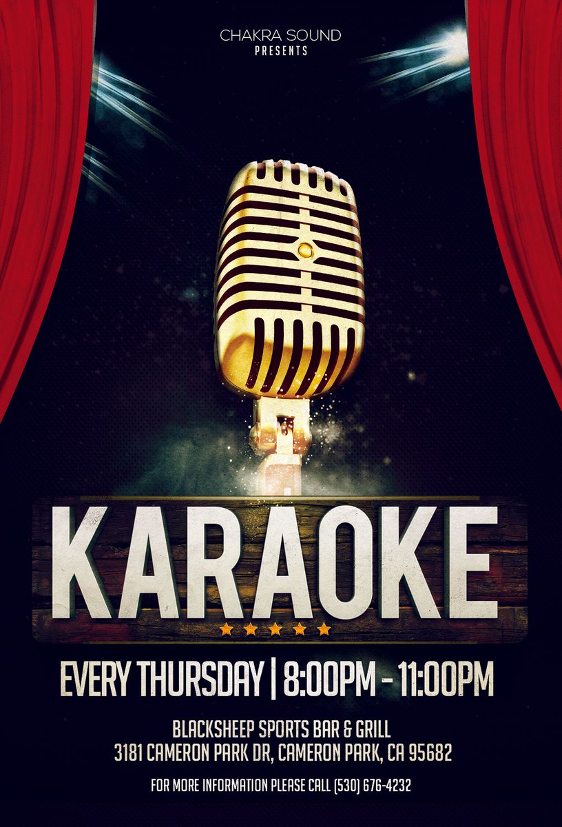 chakrasoundent's tweet photo. Attention Karaoke singers! Starting tomorrow, we will begin a weekly karaoke night at Blacksheep located in Cameron Park! Every Thursday night, 8:00PM-11:00PM! 😎
Come get your sing on! 

#karaokenight #blacksheep #blacksheepsportsbarandgrill #chakrasound #kj #cameronpark https://t.co/V68Svox44X