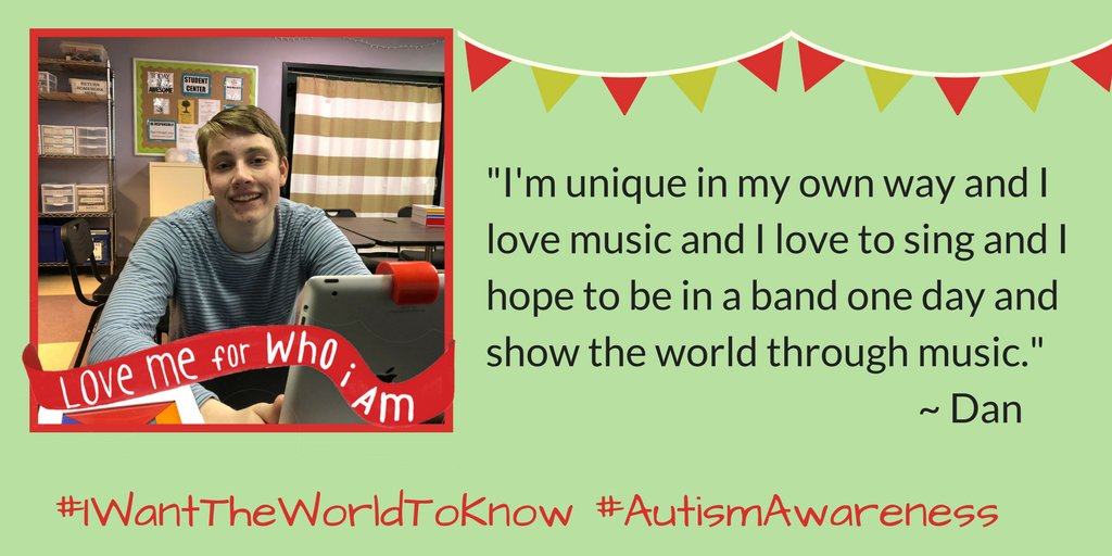 BradyRymer's tweet photo. #IWantTheWorldToKnow that Dan is unique and loves music. What do you want the world to know about #Autism? Once more, tweet it out using #IWantTheWorldToKnow and you’ll receive a free download of our reimagined version of @DianaRoss' "I'm Coming Out." @CTC_School #lovemeforwhoiam https://t.co/bS3cxL2OPt
