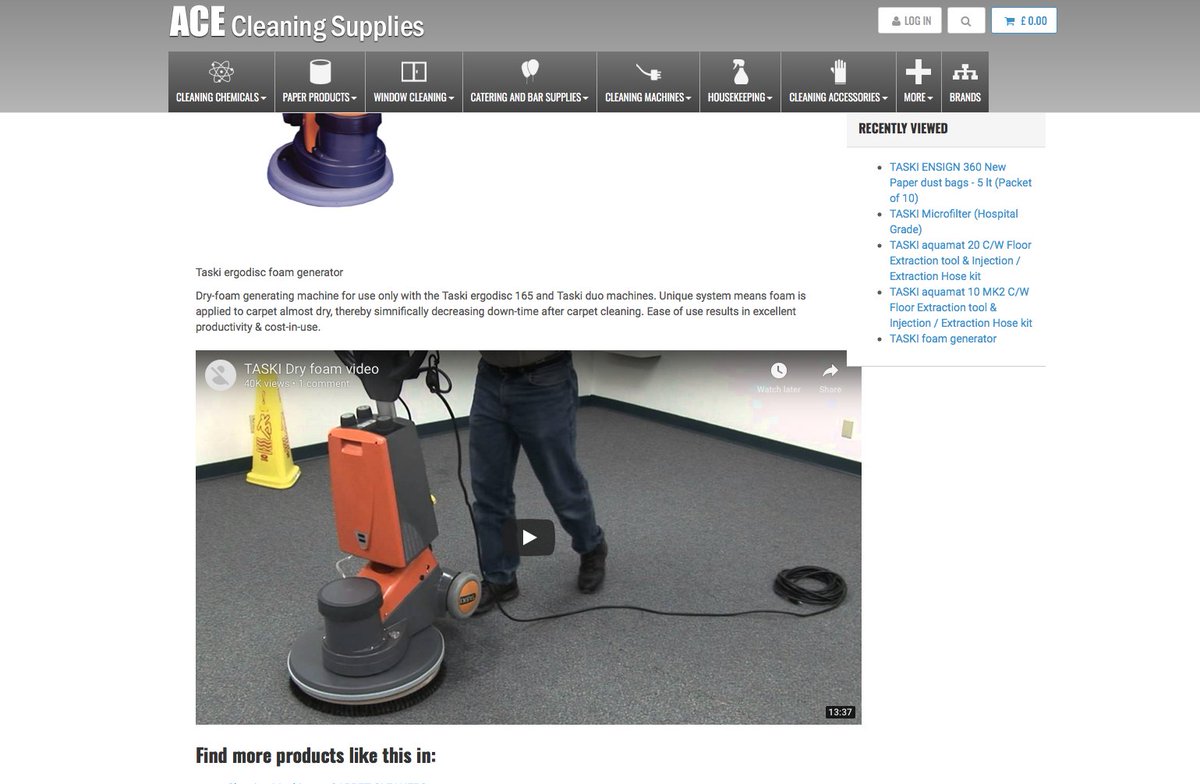 At ACE cleaning supplies we have video's available on machines so that you can get a all round tour before you buy with us. 

We also offer FREE DEMONSTRATIONS! anywhere in the UK contact us now! 

This is the TASKI dry foam generator, available now at ace cleaning supplies