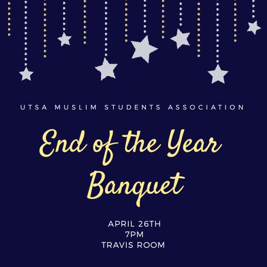UTSAMSA's tweet image. Salam Alaykum wa Rahmatullah!
Tomorrow at 7:30 pm we will be having our closing banquet!
Come for food, games and showdown performances!
Be there or be square!
7:30 pm, Travis Room!