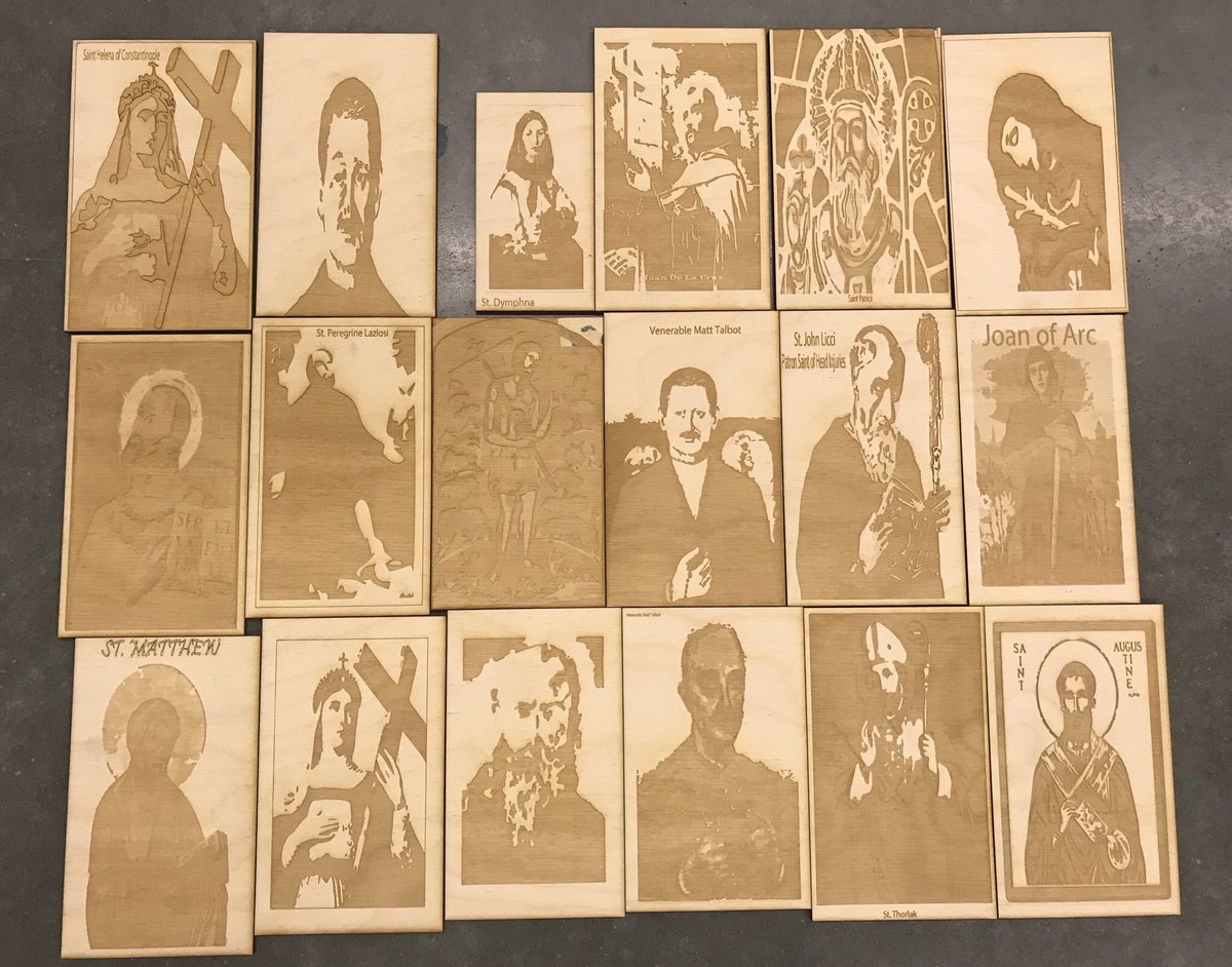 cp_designtech's tweet photo. .@CreightonPrep Theology I/II courses are studying Saints! Learned @Illustrator and laser cut their projects!! #integratedlearning #technology #moderndesign https://t.co/Gla6kQRR0C