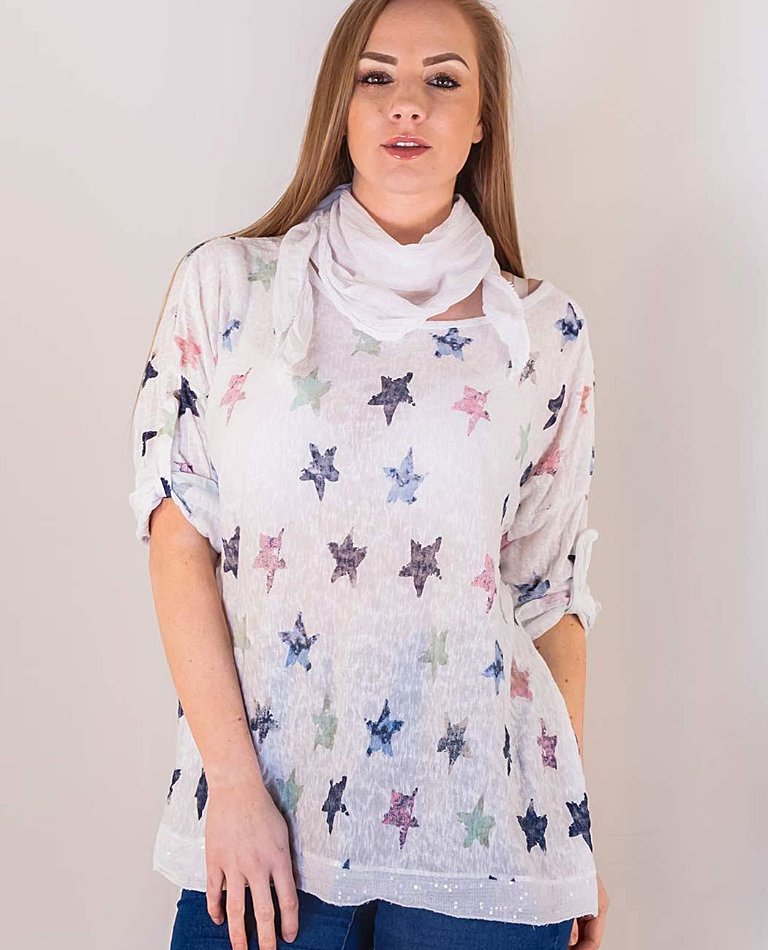 Back In Stock - Multi Colour Star Scarf Top With Tie Back Sleeves. Available In Coral And Sky While Stocks Last! Light Easy To Match And Fresh Looking.  Size - One ( Max 18)  Price £25 Or Less With Your Loyalty Card - From Our Facebook Page #star #ss18 #scarftop #italianfashion