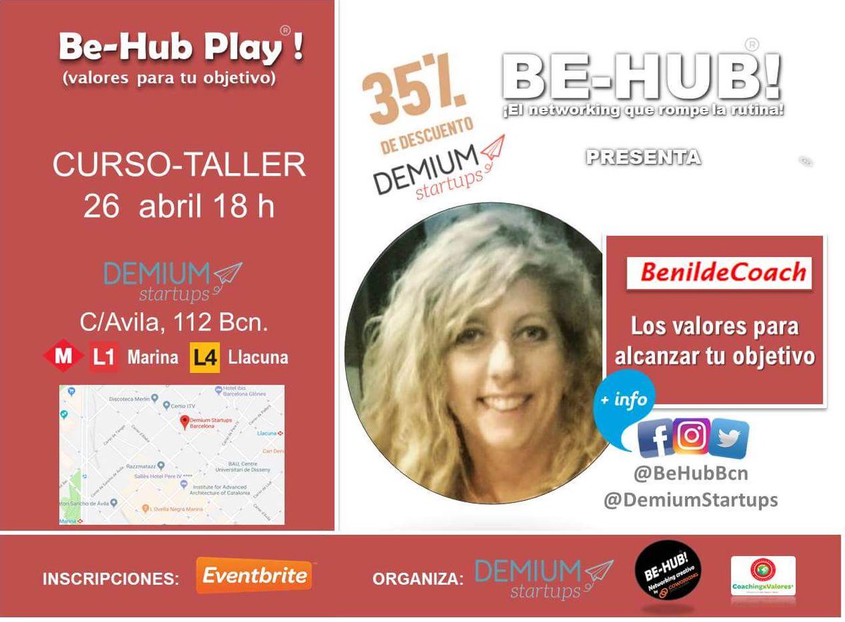 coworkbarcelona's tweet photo. Benilde Murcia ofrecerá el #workshop dedicado a #emprendedores sobre los valores orientados a lograr un objetivo empresarial y personal en @DemiumStartups #demiumstartups #Barcelona #coworking #coworkers #coaching #behub https://t.co/TvDJVISsZV