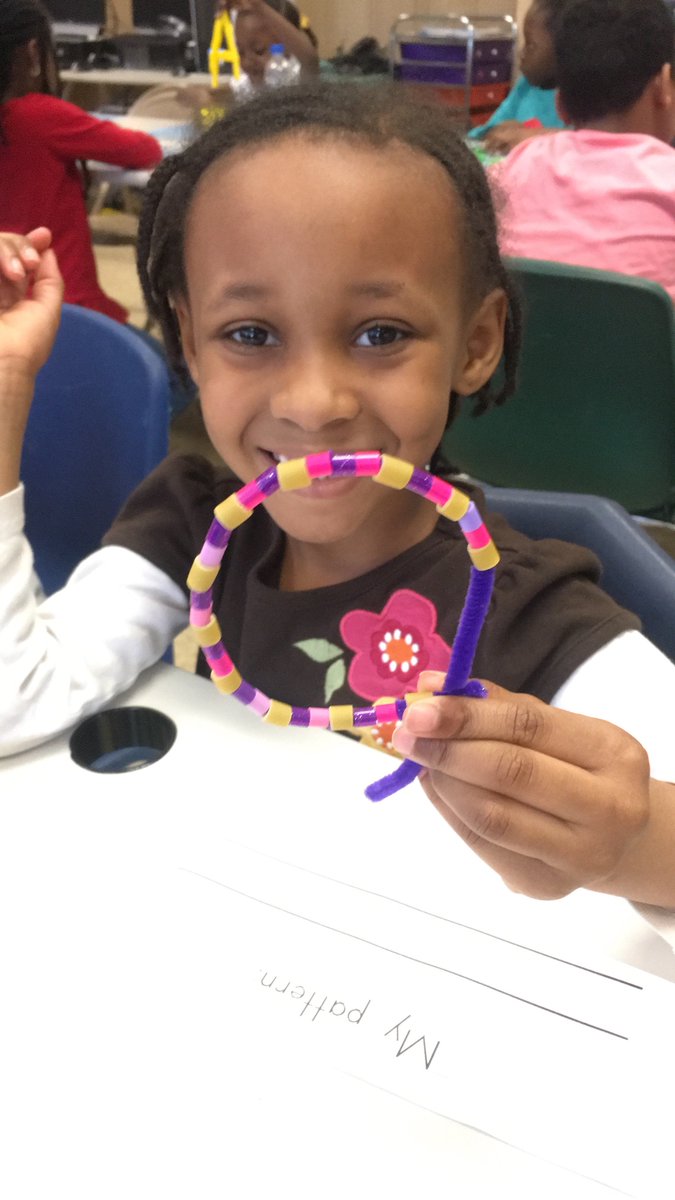 MrsScibelli's tweet photo. What better way for Kindieโs to practice patterns than by making colorful PATTERN BRACELETS?!? Smart AND Fashionable ๐ #STEMdesigns #activelearning @ScottsBranchES @LTillSBES @mwebsterbcps https://t.co/b6T0N3tY7M