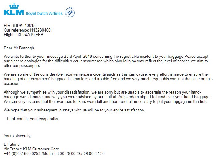 klm damaged baggage claim