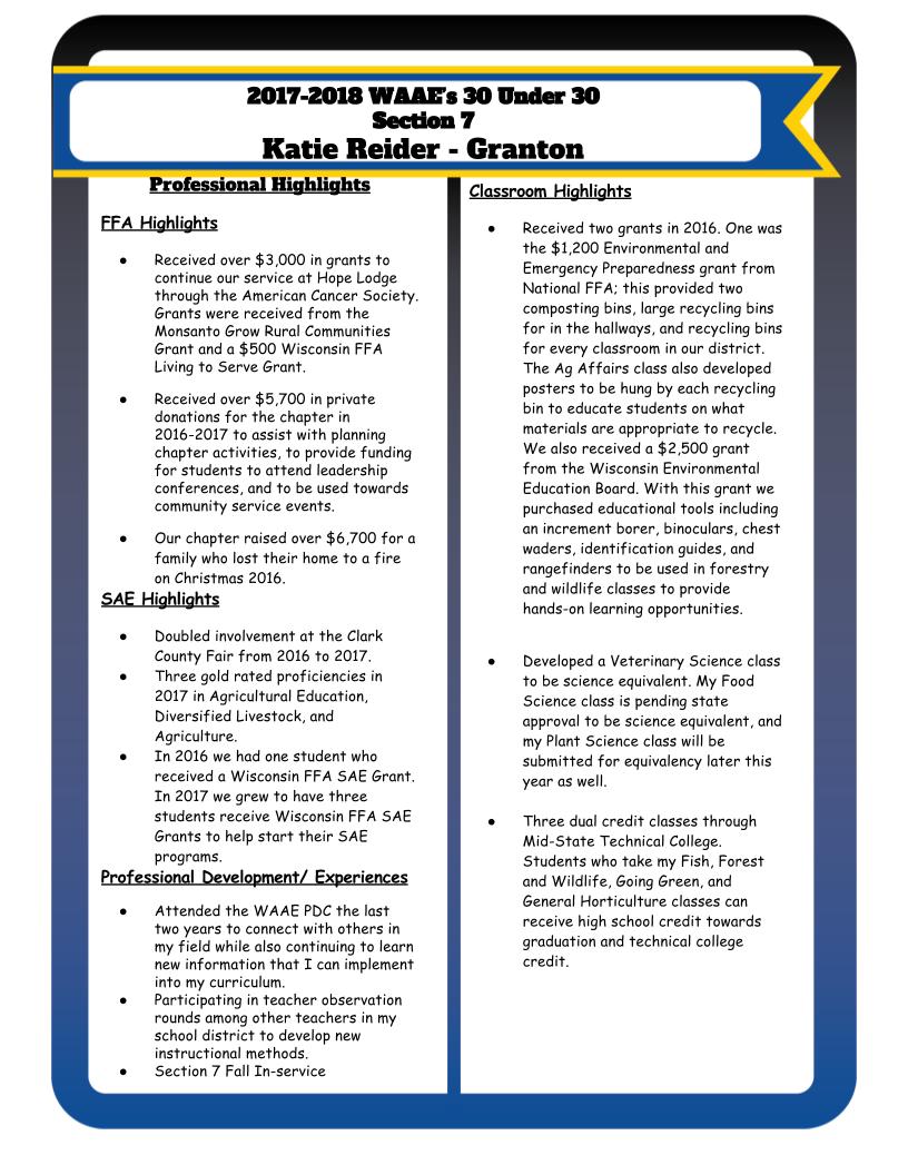 WiAgEd's tweet photo. Aren't these WAAE 30 Under 30 features uplifting to learn more about our Ag Ed colleagues?! Just look at Katie Reider's teaching philosophy! #WAAEBeyondtheClassroom https://t.co/xlrCjVsFB1