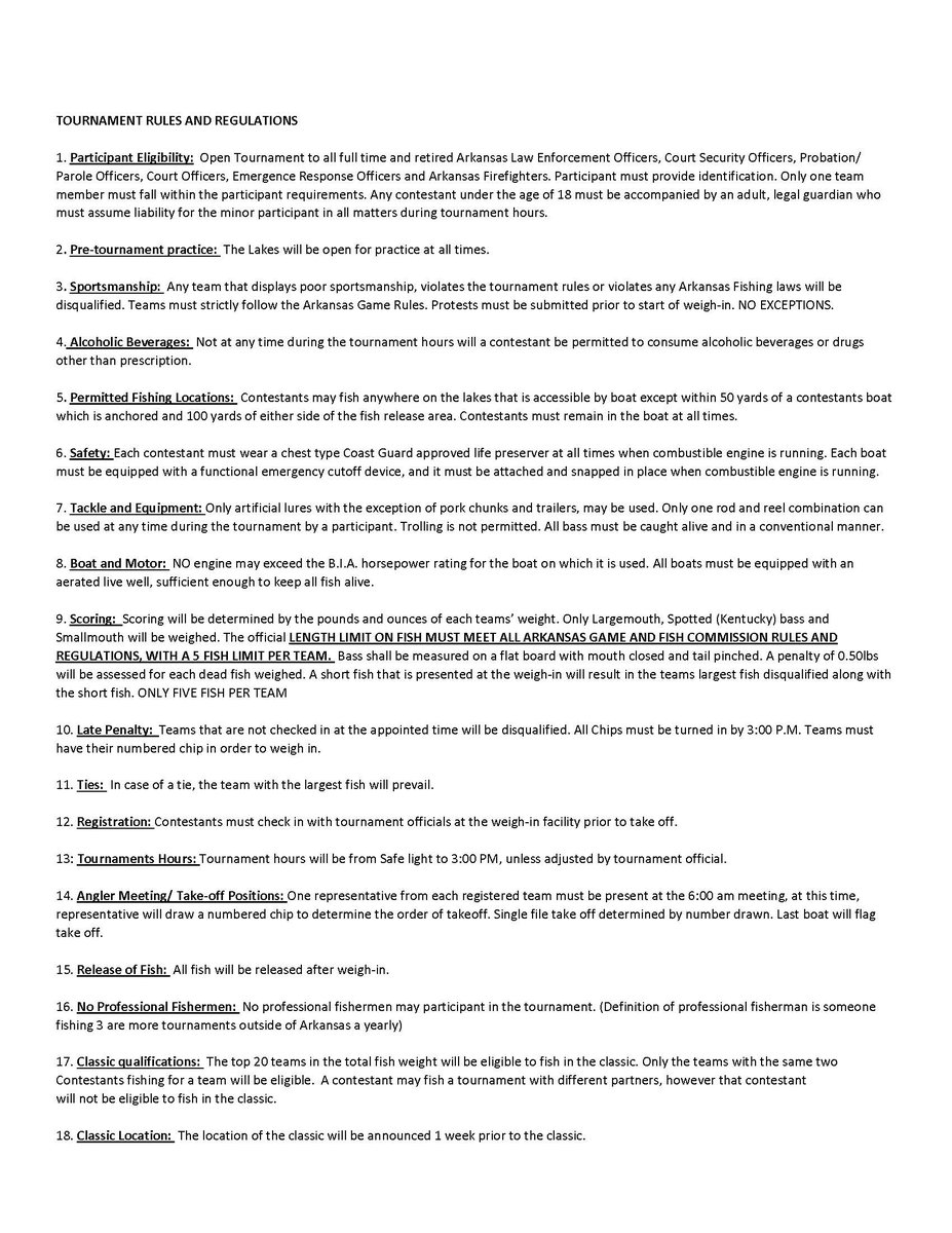 ARKANSAS POLICE AND FIREFIGHTERS
BUDDY BASS TOURNAMENT