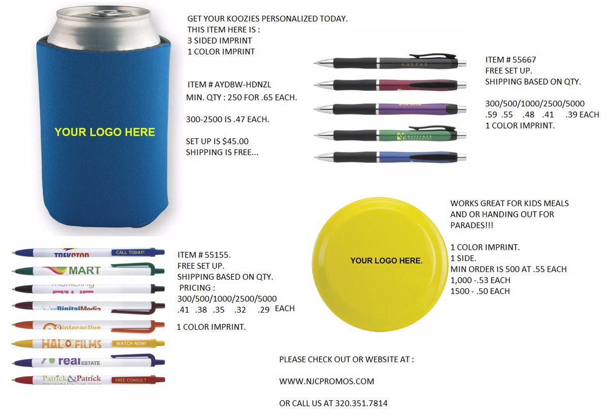 NjcPromos's tweet photo. #Specials #pens #Frisbees #Koozies #YourLogo https://t.co/m8yrb682kN