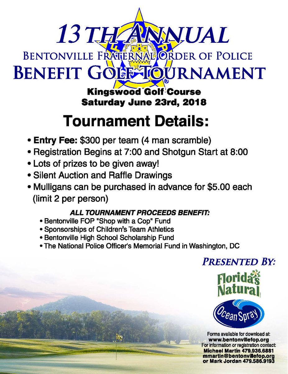 13th Annual Bentonville Fraternal Order of Police Benefit Golf Tournament

Kingswood Golf Course
Saturday June 23rd, 2018