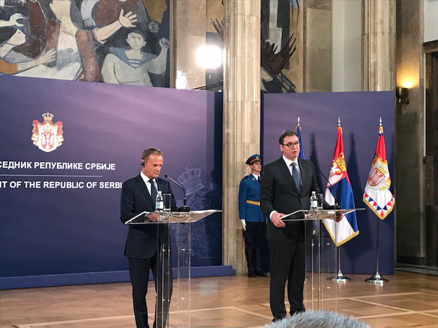 EIB's tweet photo. After meeting with President of the @EUCouncil Donald Tusk and EIB President Hoyer, Serbian President @avucic thanks EIB for financing crucial infrastructure in Serbia https://t.co/BNY43ssgDo