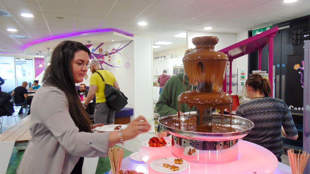 softcat's tweet photo. We're celebrating all Softcat staff in non-sales roles today with a chocolate fountain, piri piri chicken and a platter of cheese! #teamsoftcat https://t.co/mO6dwJa6FO