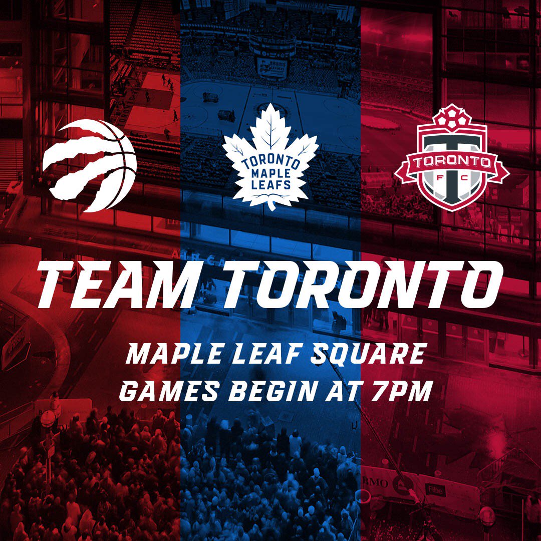 MapleLeafs's tweet photo. It’s a night unlike any other in Toronto sports. A 3-game viewing party for the world’s greatest city. 

@Raptors Game 5
@MapleLeafs Game 7
@torontofc CCL Final

Gates open 5PM.

#StandWitness | #TeamToronto https://t.co/b0JFg7uId9