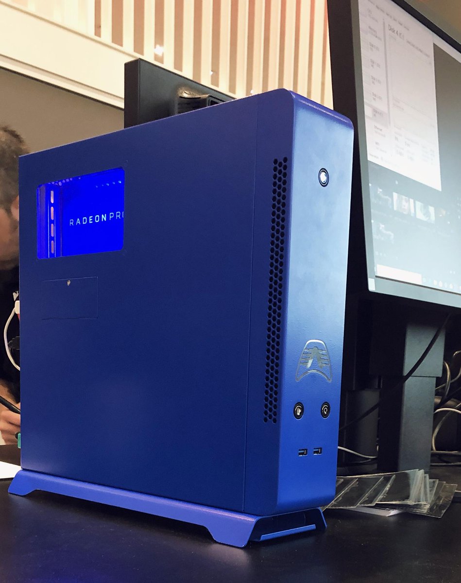 RadeonPRO's tweet photo. From #FMX2018, this Armari V25 Pro system is running the Radeon Pro SSG, demonstrating its capabilities in Adobe Premiere Pro! https://t.co/LgmF4WgN3o https://t.co/1toOgg6v4X