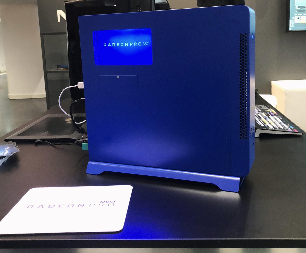 RadeonPRO's tweet photo. From #FMX2018, this Armari V25 Pro system is running the Radeon Pro SSG, demonstrating its capabilities in Adobe Premiere Pro! https://t.co/LgmF4WgN3o https://t.co/1toOgg6v4X