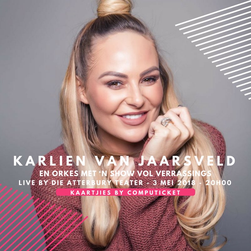 <a href="/KarlienVanJ/">KarlienvanJaarsveld</a> LIVE BY <a href="/AtterburyTeater/">Atterbury Teater</a> | 3 Mei 2018 | 20H00 | Kaartjies by <a href="/Computicket/">Computicket</a>