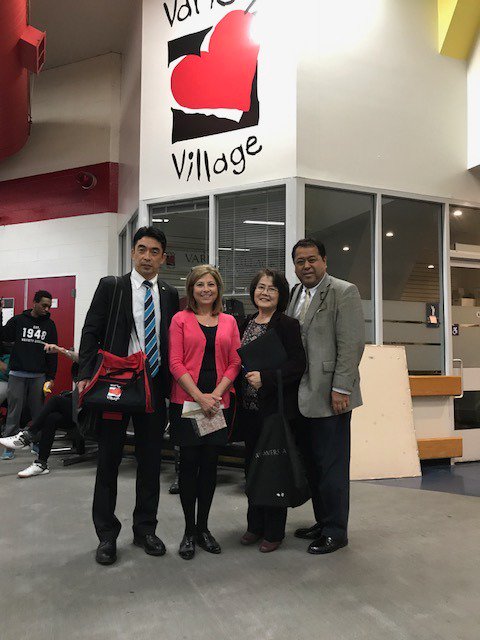 Variety_Ontario's tweet photo. It was our pleasure to welcome Yasuhiro Kogayu & Yukio Ishiwata, Yokohama, Japan City Councilors, with interpreter Kazie Killius, for a discovery tour of Variety Village. Yasuhiro and Yukio are on a fact finding mission ahead of @Tokyo2020 #inclusion #AllAbilityFacility https://t.co/oYHSJL3QEy