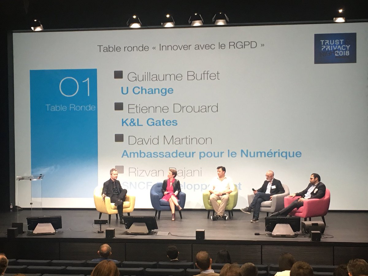 Ginolegaltech's tweet photo. 1ère table ronde de la #TrustandPrivacyNight2018 : ‘’innover avec le #RGPD’’; comment profiter de réglementations nouvelles pour innover. https://t.co/8VNUlt47YR