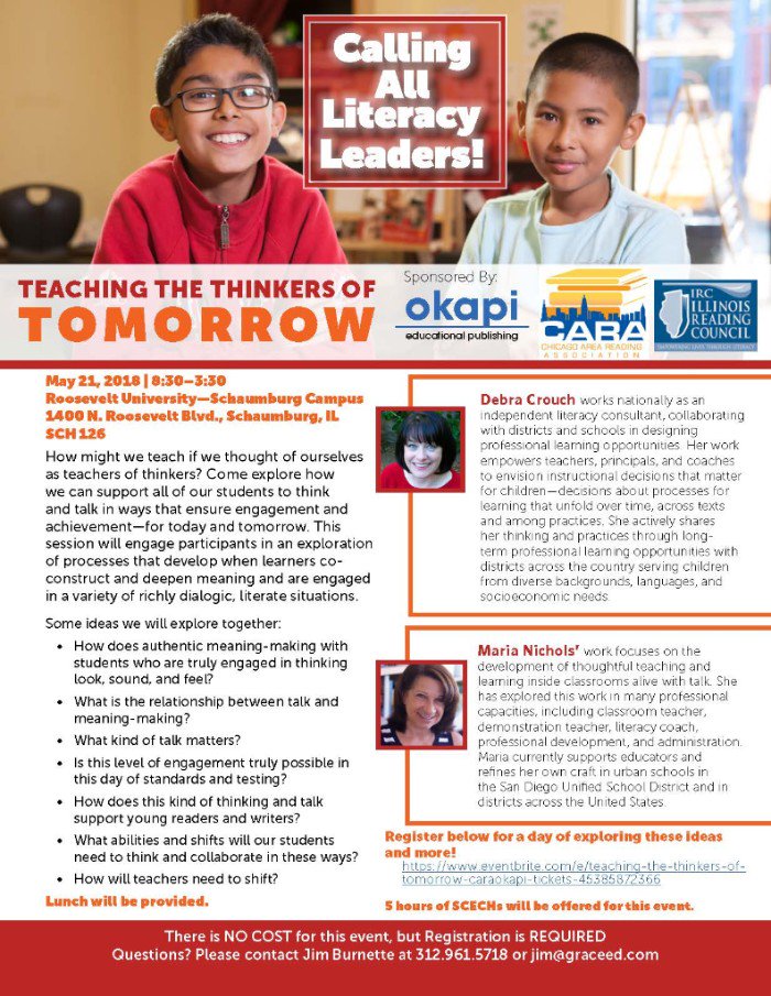 Workshop Alert - Maria Nichols: Teaching the Thinkers of Tomorrow - mailchi.mp/graceed/worksh…  Explore the relationship between talk and meaning-making, writing.  Join us for a day of learning, May 21.  <a href="/myokapi/">Okapi Publishing</a> <a href="/CARAreads/">CARA </a> <a href="/CPSLiteracy/">CPS Literacy</a> @colleenKmullins