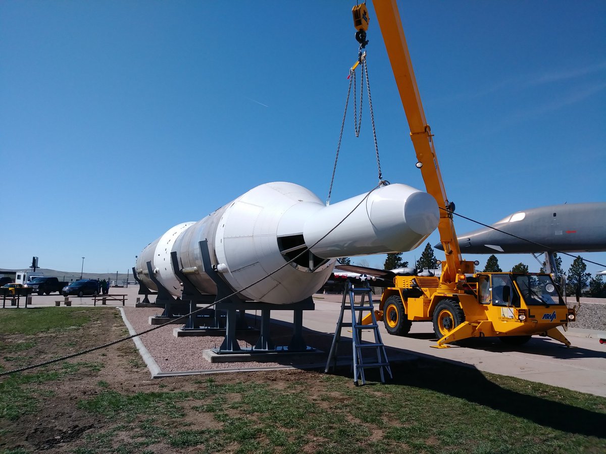 SD_AirSpace's tweet image. Almost 30 years in the making! The nose to our Titan I ICBM is being installed now; so many people to thank, @28thBombWing @sdsmt Hot Rod Institute and more. We will have an official dedication ceremony later this year #USAF #missileers #OnAlert
