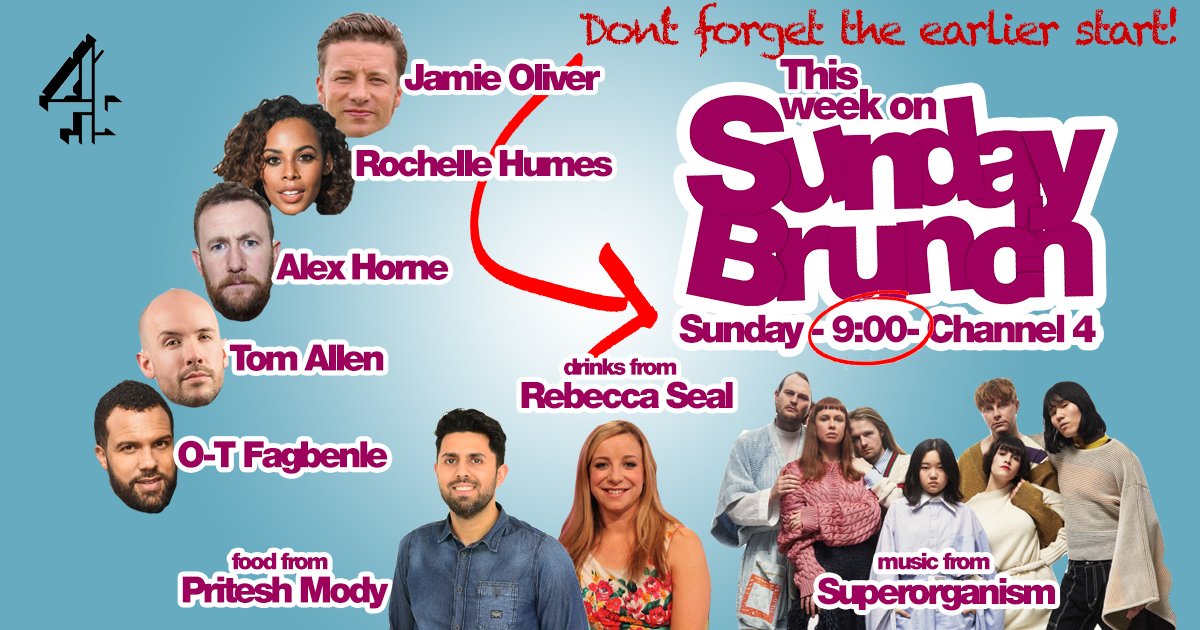 SundayBrunchC4's tweet image. This week on Sunday Brunch! 👇

@jamieoliver, @RochelleHumes, @AlexHorne, @tomallencomedy &amp;amp; @OTFagbenle will be at the table, plus two of our favourite foodies @luvfoodluvdrink &amp;amp; @RebeccaSeal 

We 👏Cannot 👏Wait 👏