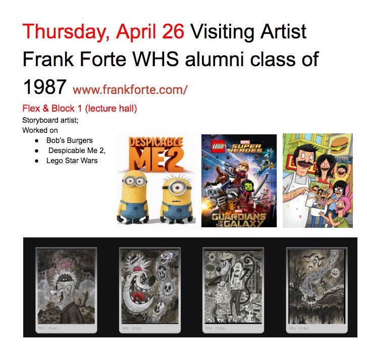 sign up for Thursday flex , April 26, or block one visiting story board artist in lecture hall, Frank Forte, WHS alumni class of 1987 @PJones2001 @MrTomHogrefe <a href="/MrsNCote/">Nicole Cote</a>