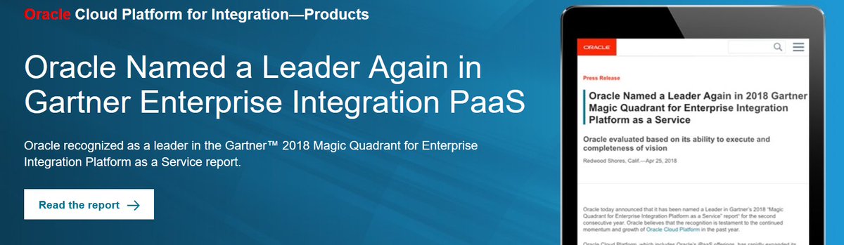 Oracle Named a Leader in 2018 Gartner Magic Quadrant for Enterprise Integration Platform as a Service for the Second Year in a Row <a href="/Gartner_inc/">Gartner</a> #MagicQuadrant ora.cl/xX48s