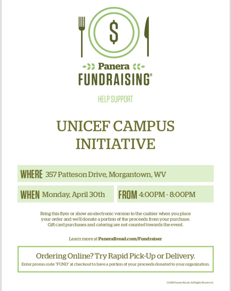 UNICEFWVU's tweet photo. This Monday, we’ll be having a fundraiser at the Evansdale Panera! Stop in to study for finals and proceeds will go to our organization! https://t.co/ShOHafBwGG