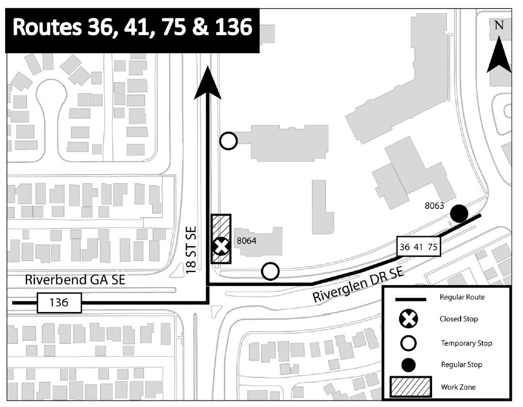 calgarytransit's tweet image. #CTRiders #Route36 #Route41 #Route75 &amp;amp; #Route136 stop 8064 will be closed due to South Crosstown BRT. Temp stops will be available.