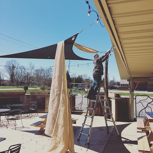 Shade sails are going up today! #patio #brewery #beer #sunshine