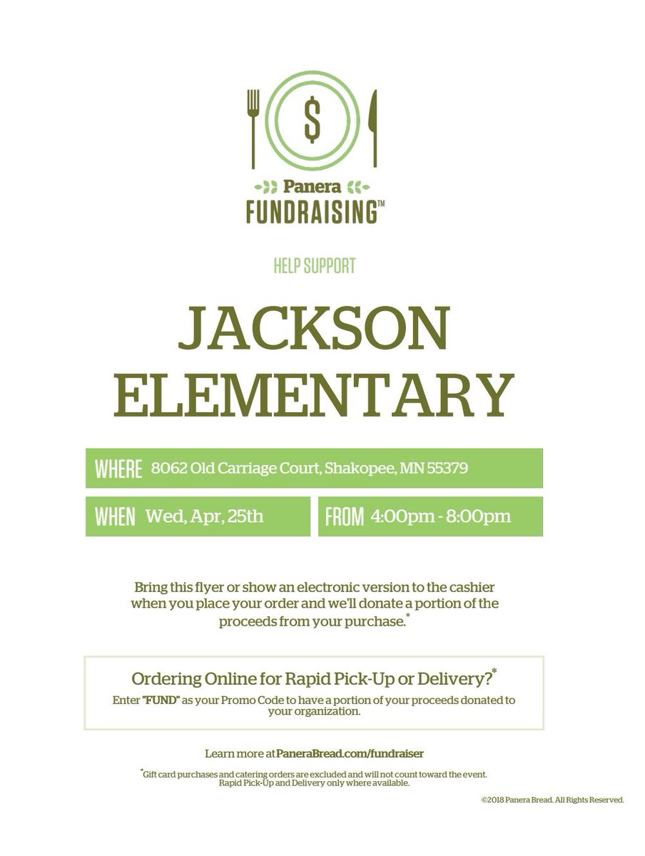 PtoJackson's tweet photo. 2 hour early release and Panera Tonight, 4-8; show this flyer or order to go with promo code: Fund  #jacksonpride https://t.co/L4jhXHU7Xp