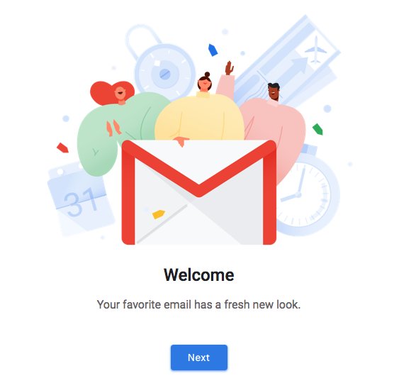 升级了新版 Gmail。UI 的视觉设计有进步，但还是丑丑的工程师风格，写邮件按钮丑死；UX 方面，基本操作没有本质变化，一致性、视觉层级等等还是不理想。看来靠统计数据和 A/B 测试做设计，最多只能做到这个程度。右边栏设计令人期待，不过我从来不用 Web 版 Gmail，跟我无关。PS：果然又是硅谷插画风 https://t.co/As3XbY8SC7 1