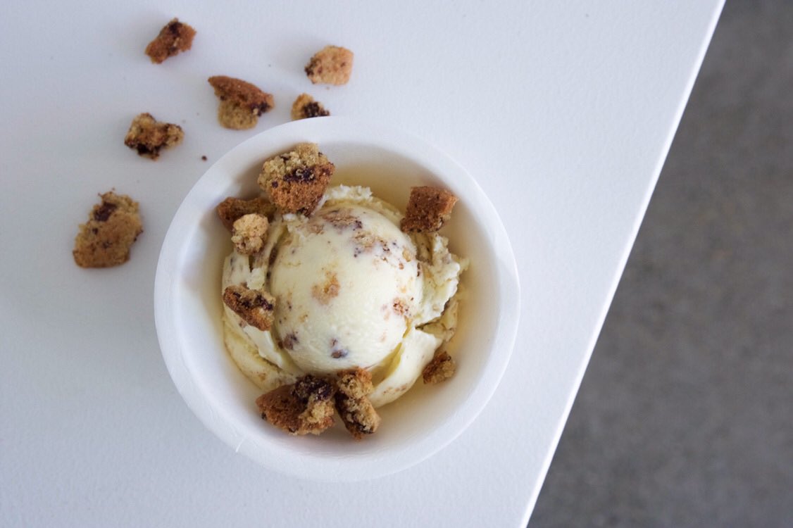 Milk &amp; Cookies ice cream! Heaps of our house made <a href="/theochocolate/">Theo Chocolate</a> chip cookies folded into our sweet cream ice cream.