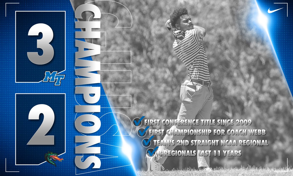 MT_MGolf's tweet photo. #CUSA CHAMPIONS! 
☑️ First conference title since 2009
☑️ First championship for @CoachWebbMTSU
☑️ Team's 2nd straight NCAA Regional
☑️ 8 regionals last 11 years
#BlueRaiders https://t.co/jU6hqAOeM2
